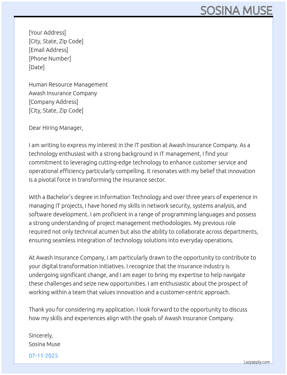 it At awash insurance company Cover Letter