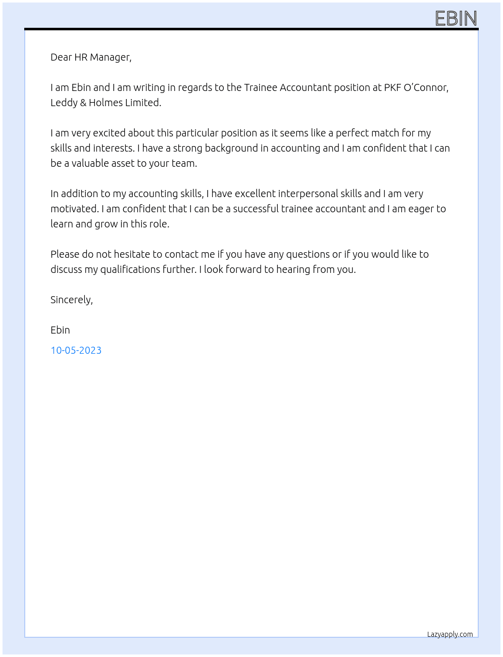 Trainee Accountant At  PKF O’Connor, Leddy & Holmes Limited Cover Letter