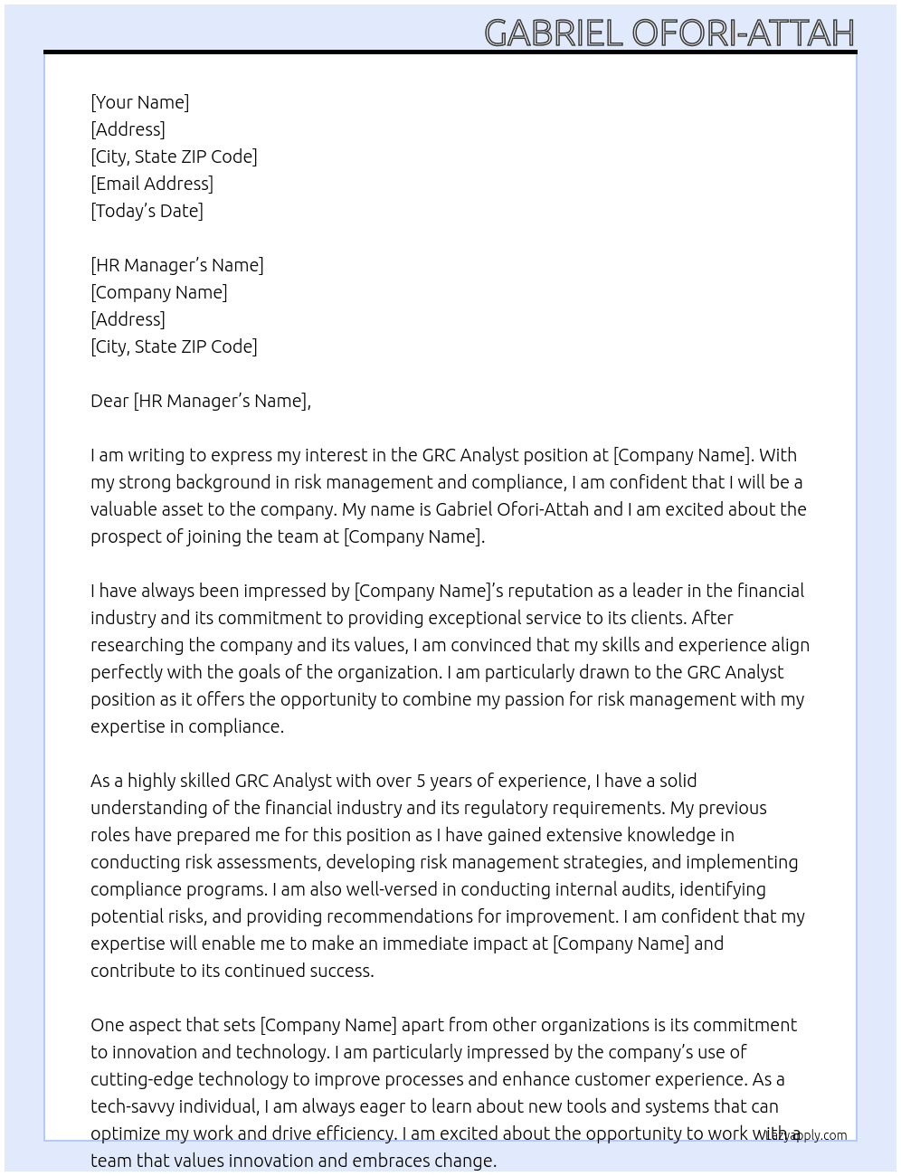 GRC Analyst At wellfargo Cover Letter