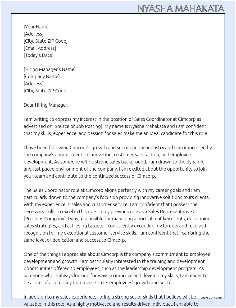 sales coordinator At Cimcorp Cover Letter