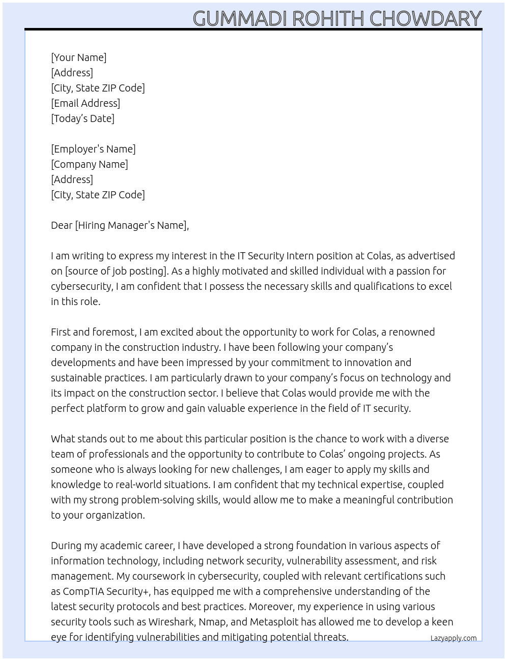 IT Security Intern  At Colas Cover Letter