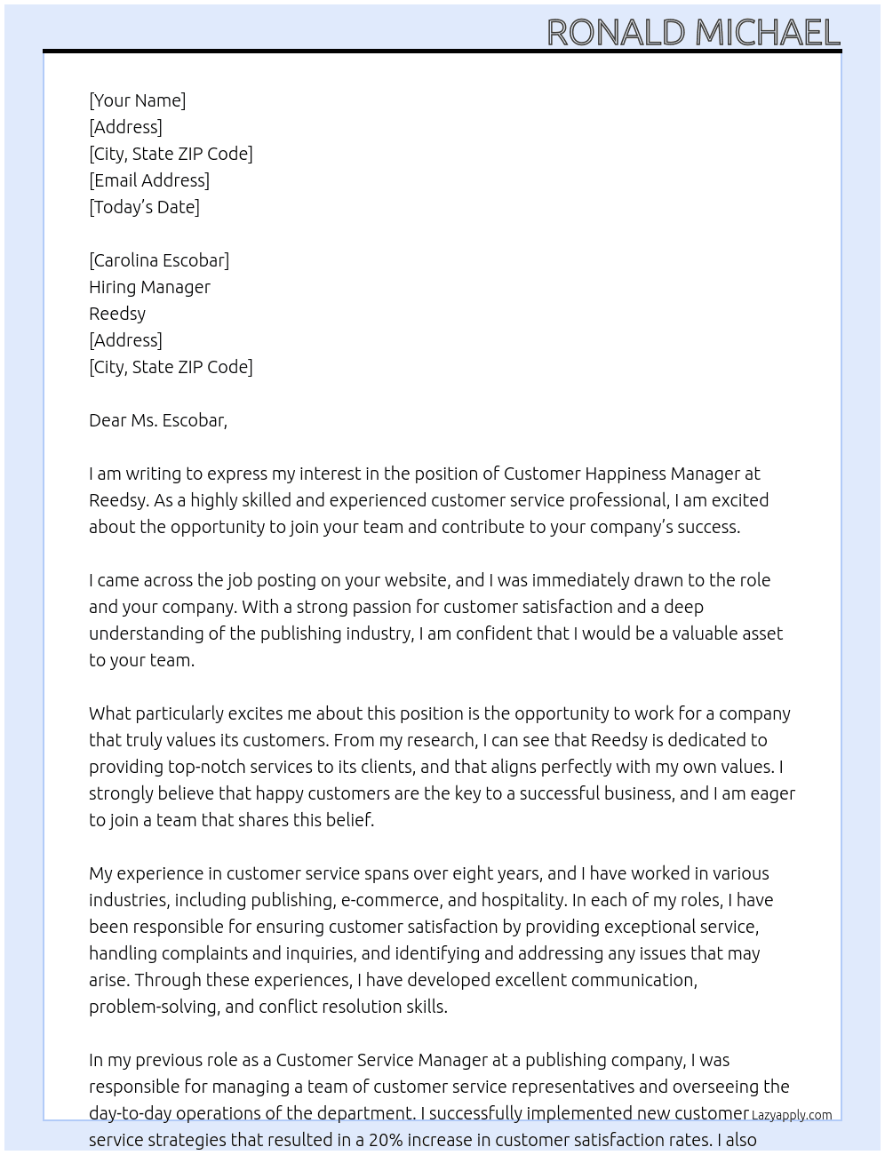 Customer happiness manager  At Reedsy Cover Letter