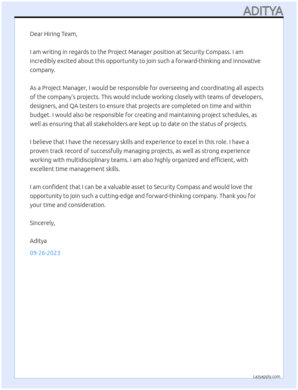project manager At security compass Cover Letter