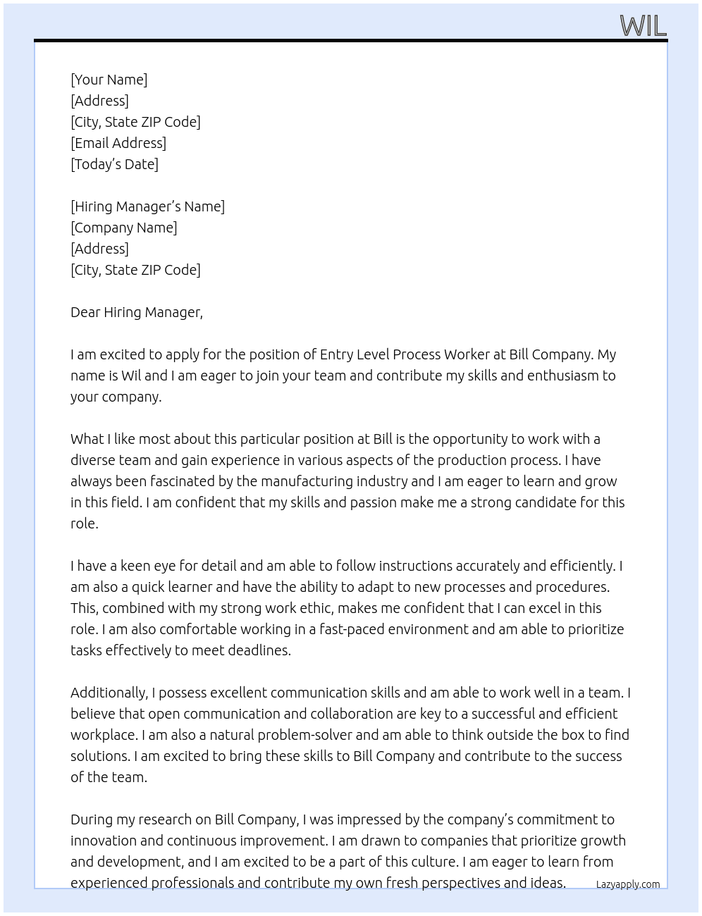 entry level process worker At bill Cover Letter