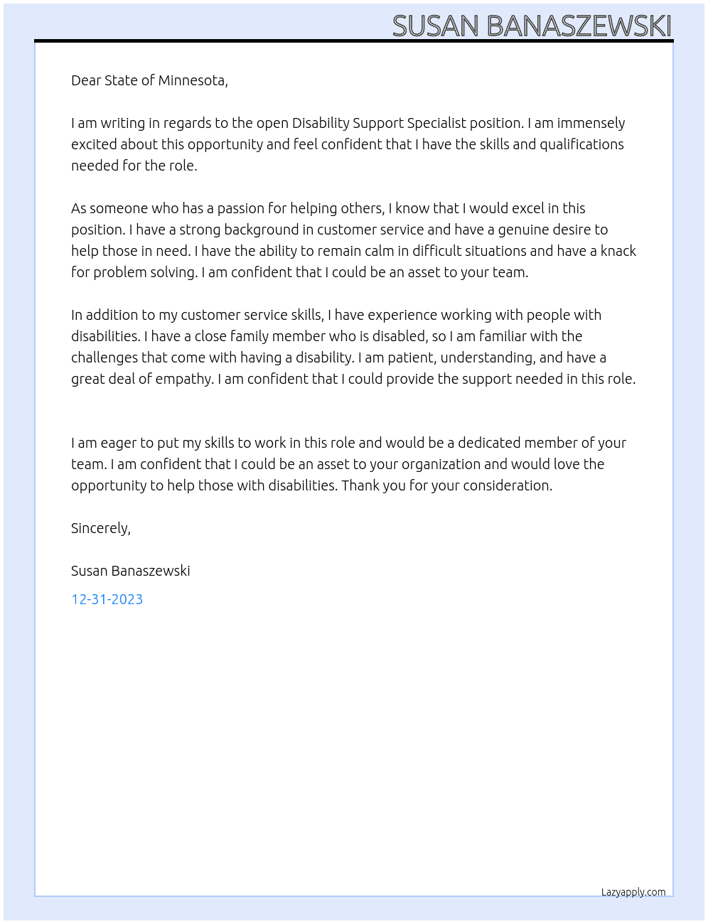 Disability Support Specialist At State of Minnesota Cover Letter
