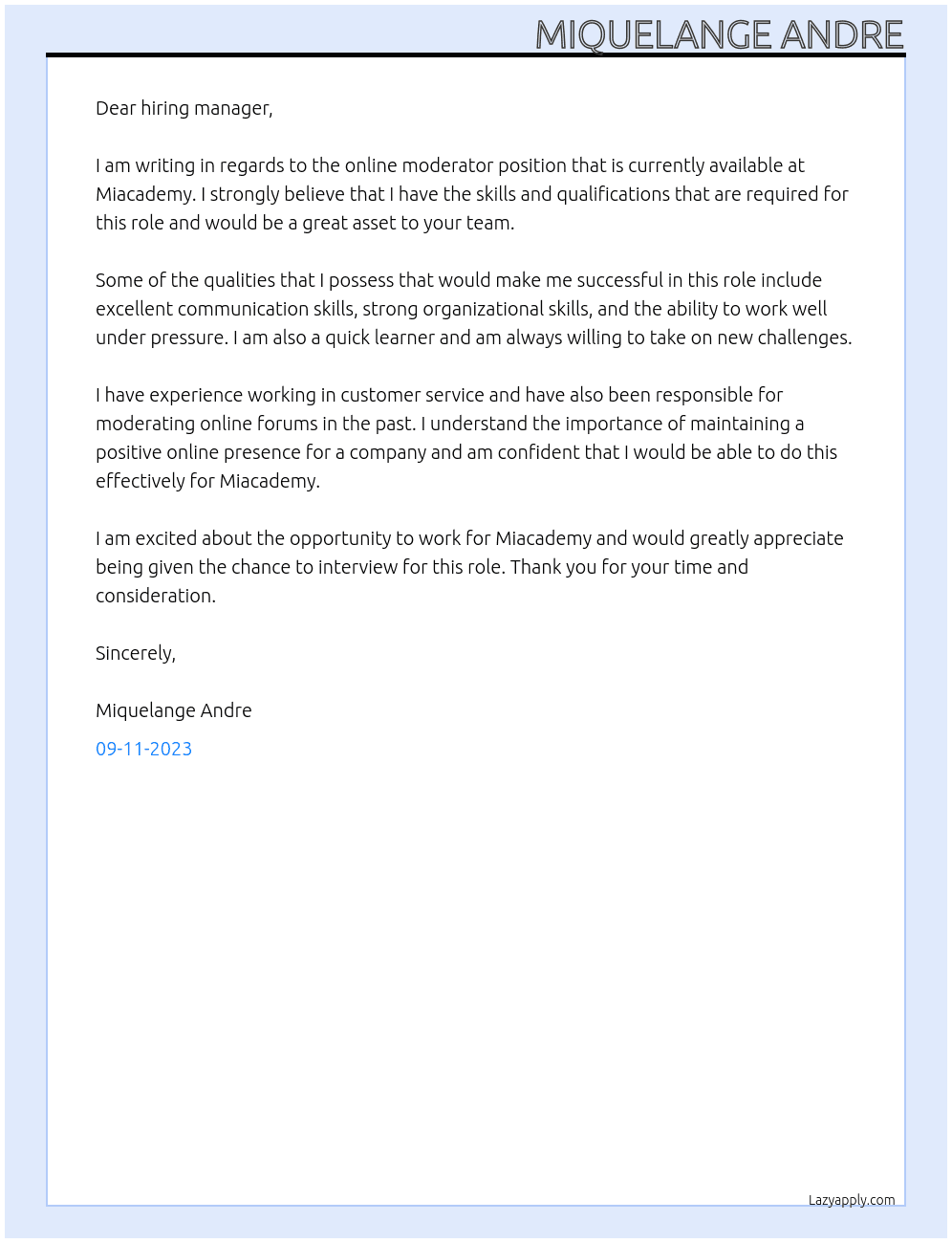 online moderator At Miacademy Cover Letter