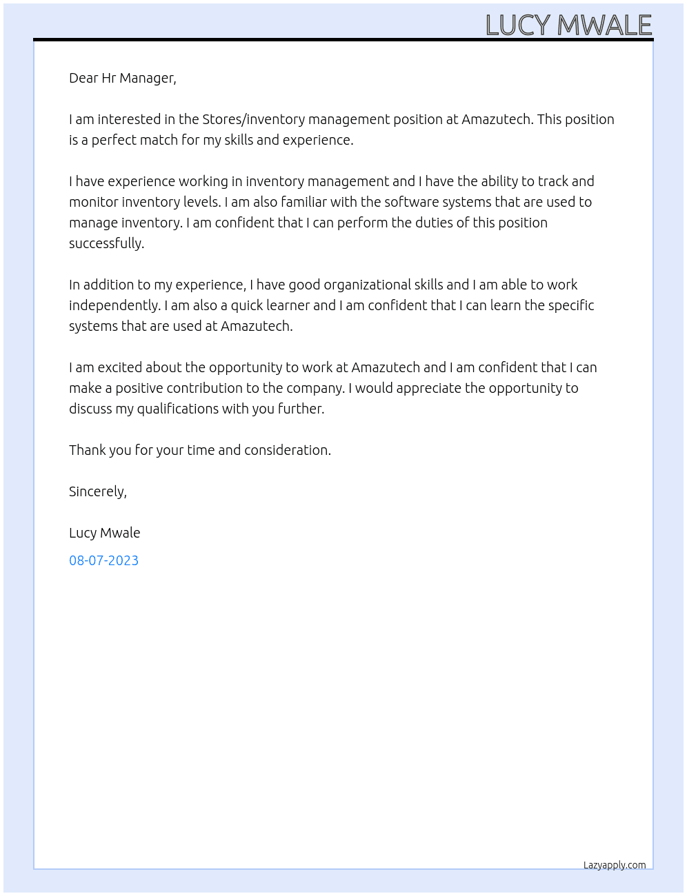 Stores/inventory management At Amazutech Cover Letter