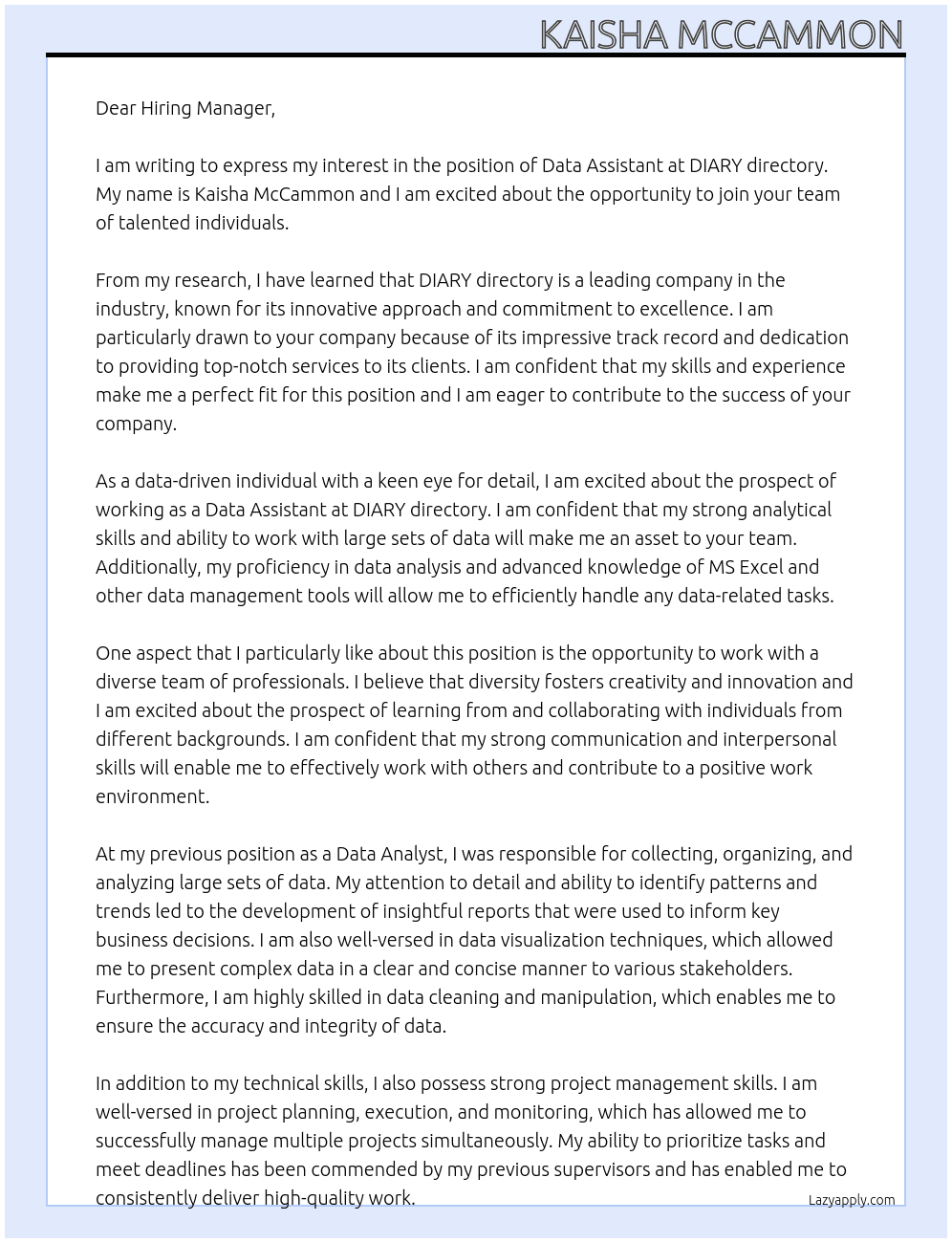 Data Assistant  At DIARY directory Cover Letter