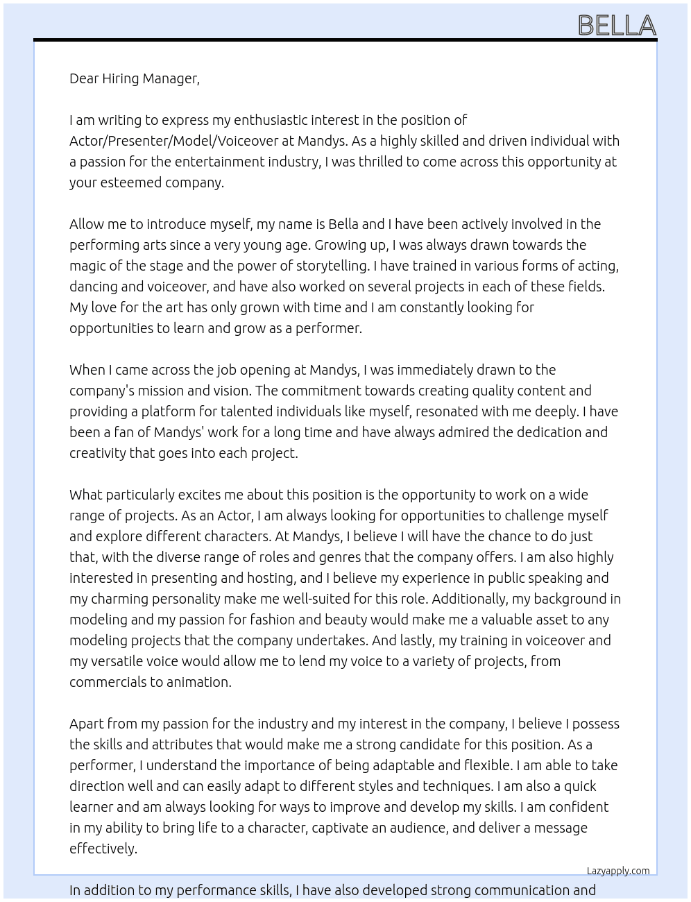 Actor/presenter/model/voiceover At mandys Cover Letter