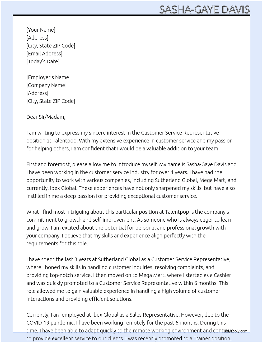 Customer Service Representative At Talentpop Cover Letter