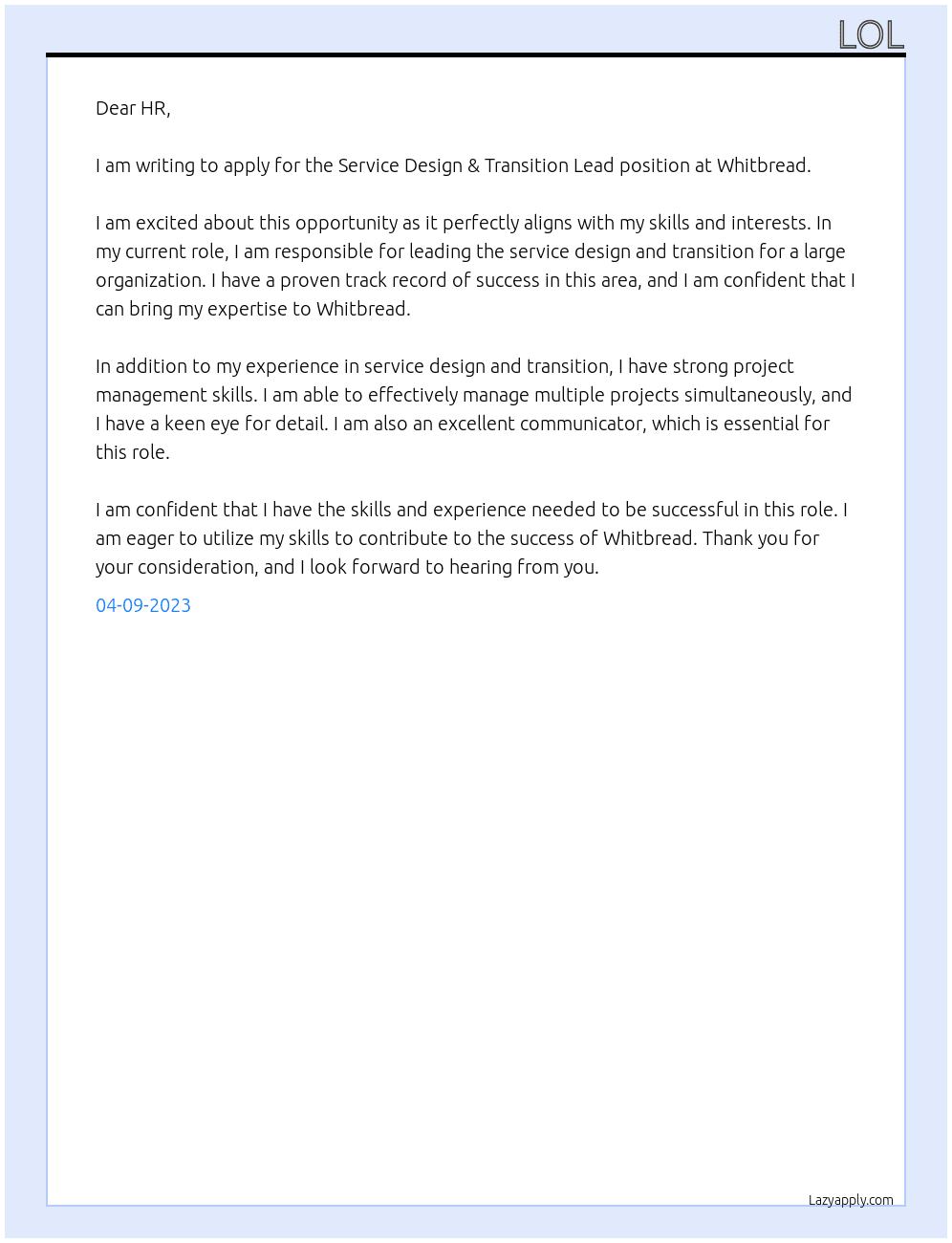 Service Design & Transition Lead At whitbread Cover Letter