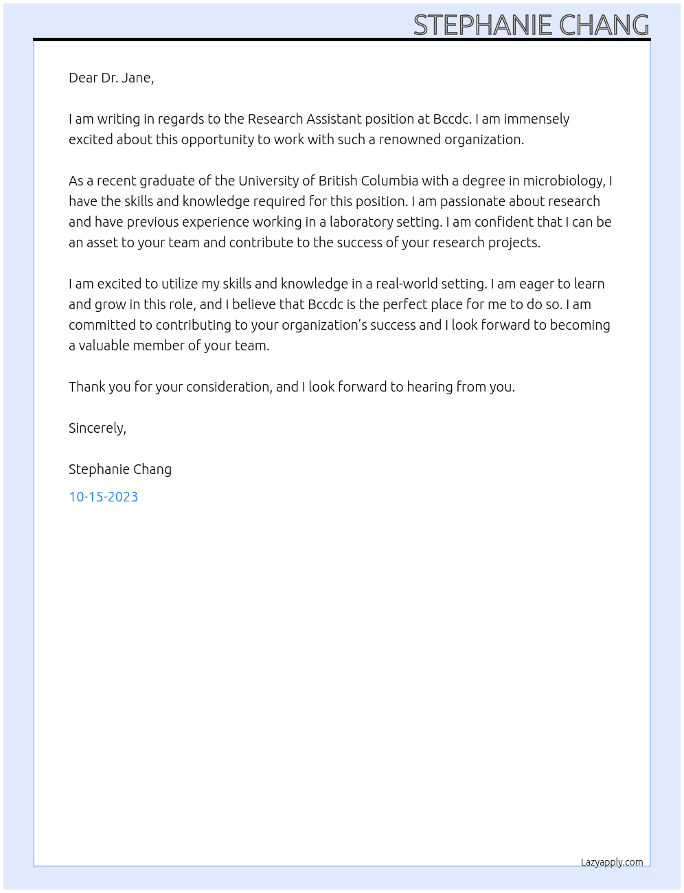 Research Assistant  At Bccdc  Cover Letter