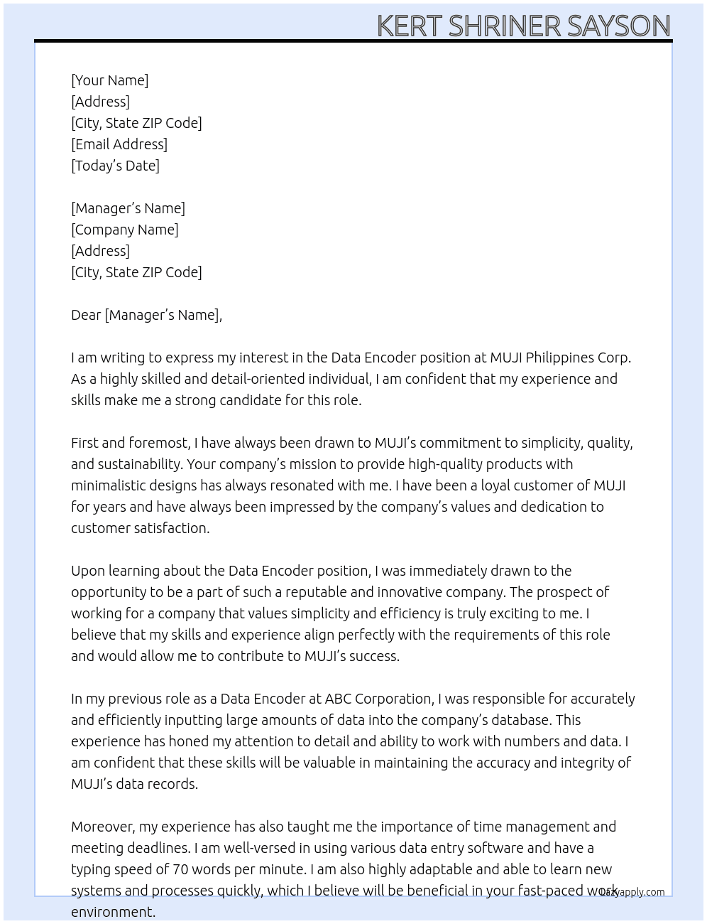 Data Encoder At MUJI Philippines Corp Cover Letter