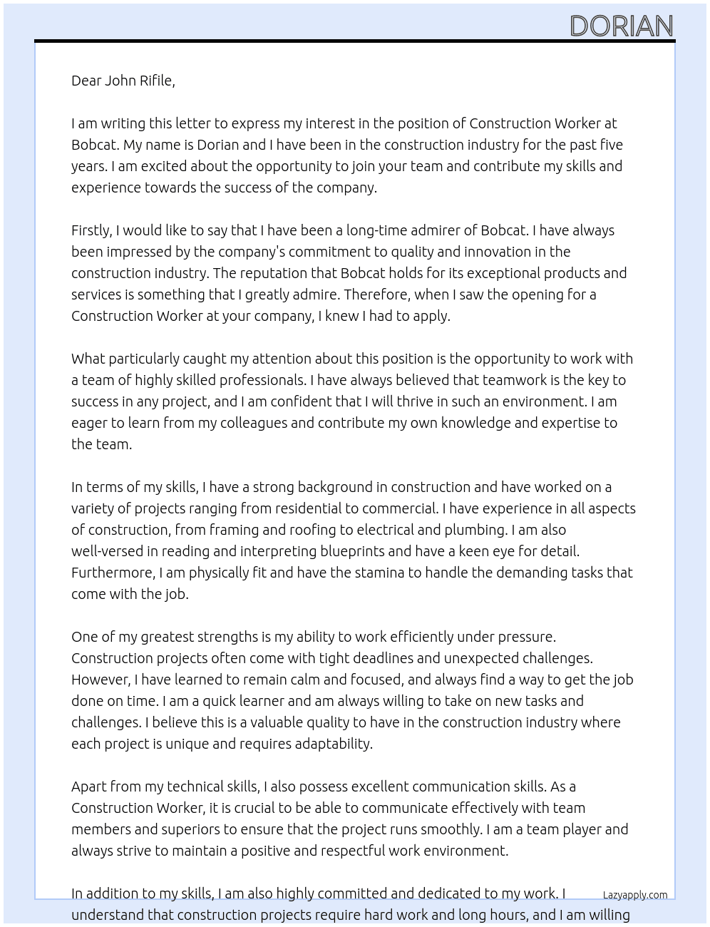 Construction Worker At bobcat Cover Letter