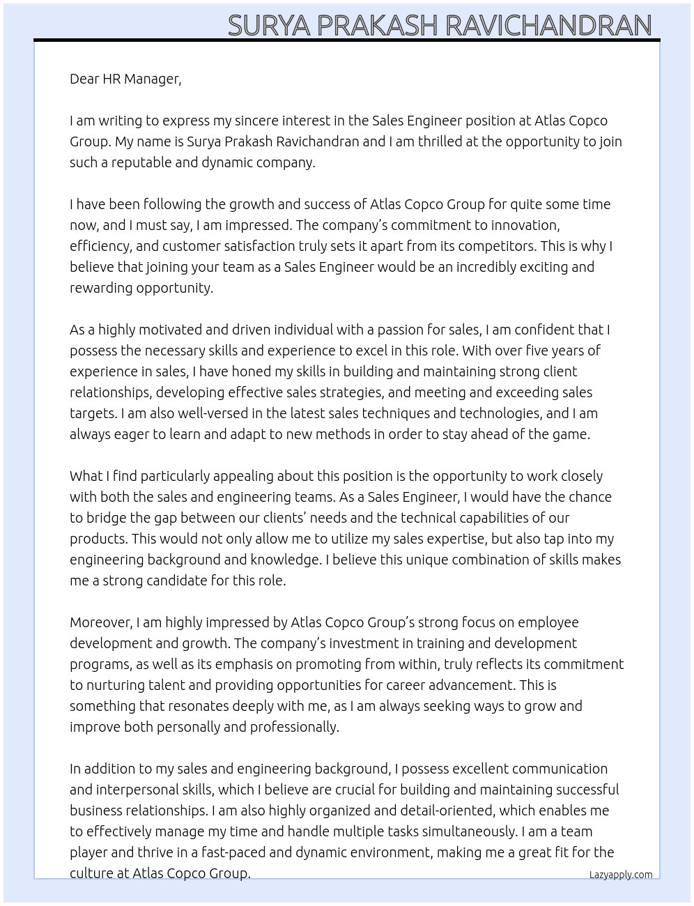 SALES ENGINEER At ATLAS COPCO GROUP Cover Letter