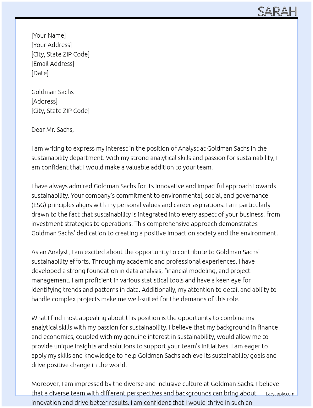 Analyst At sustainability Cover Letter