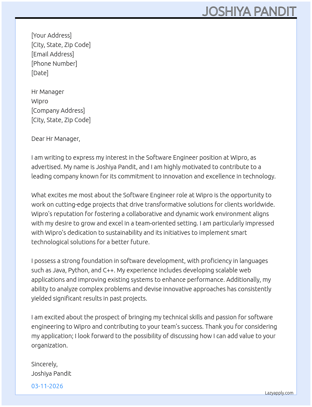 Software engineer At Wipro Cover Letter