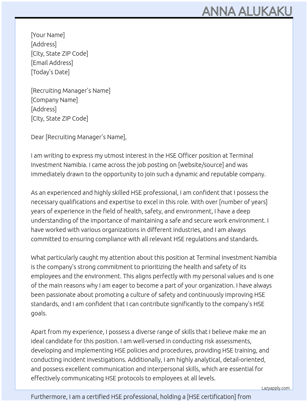 HSE OFFICER At teminal investment Namibia Cover Letter