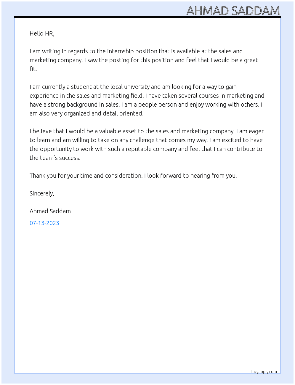 internship At sales and marketing company Cover Letter