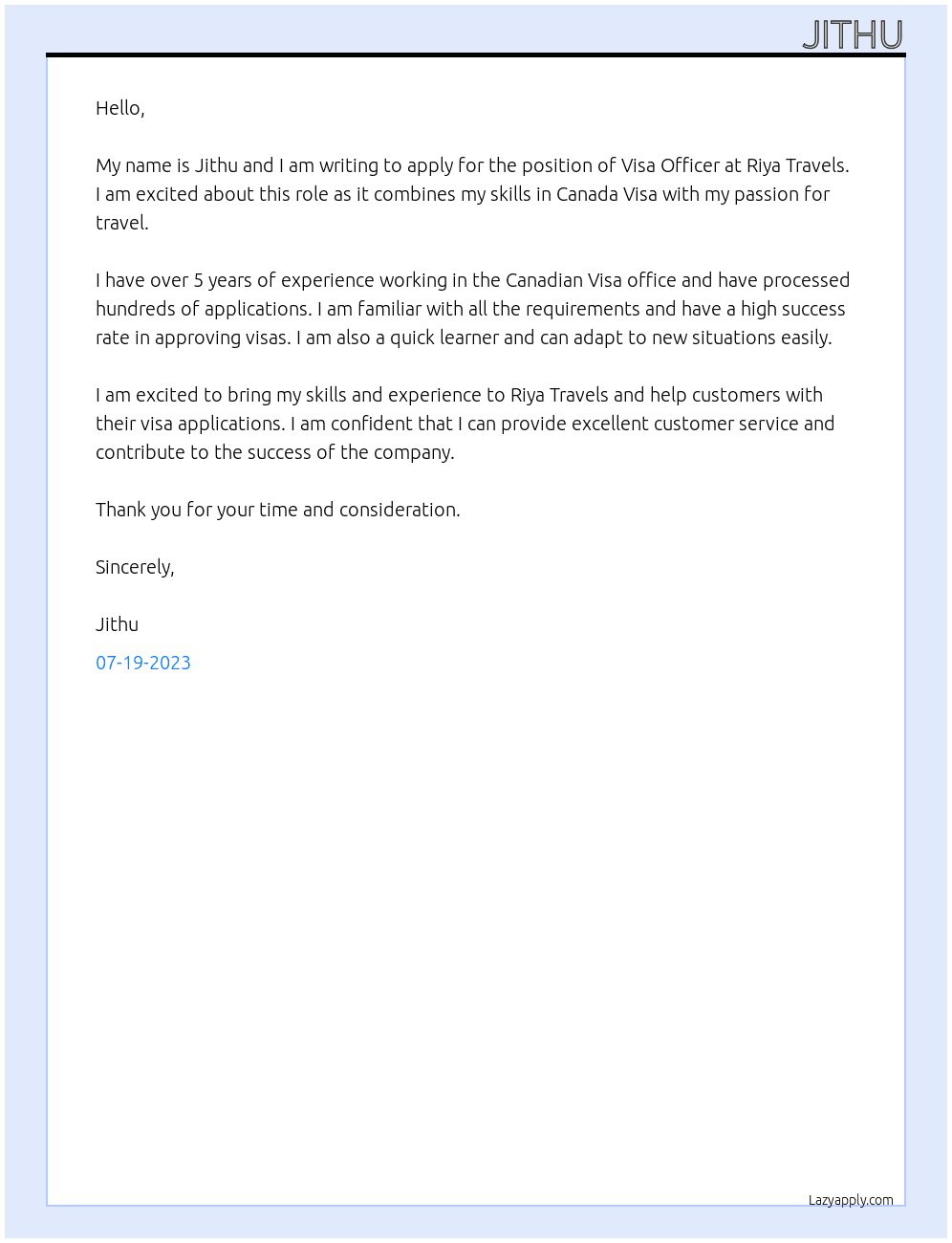 VISA OFFICER At RIYA TRAVELS Cover Letter