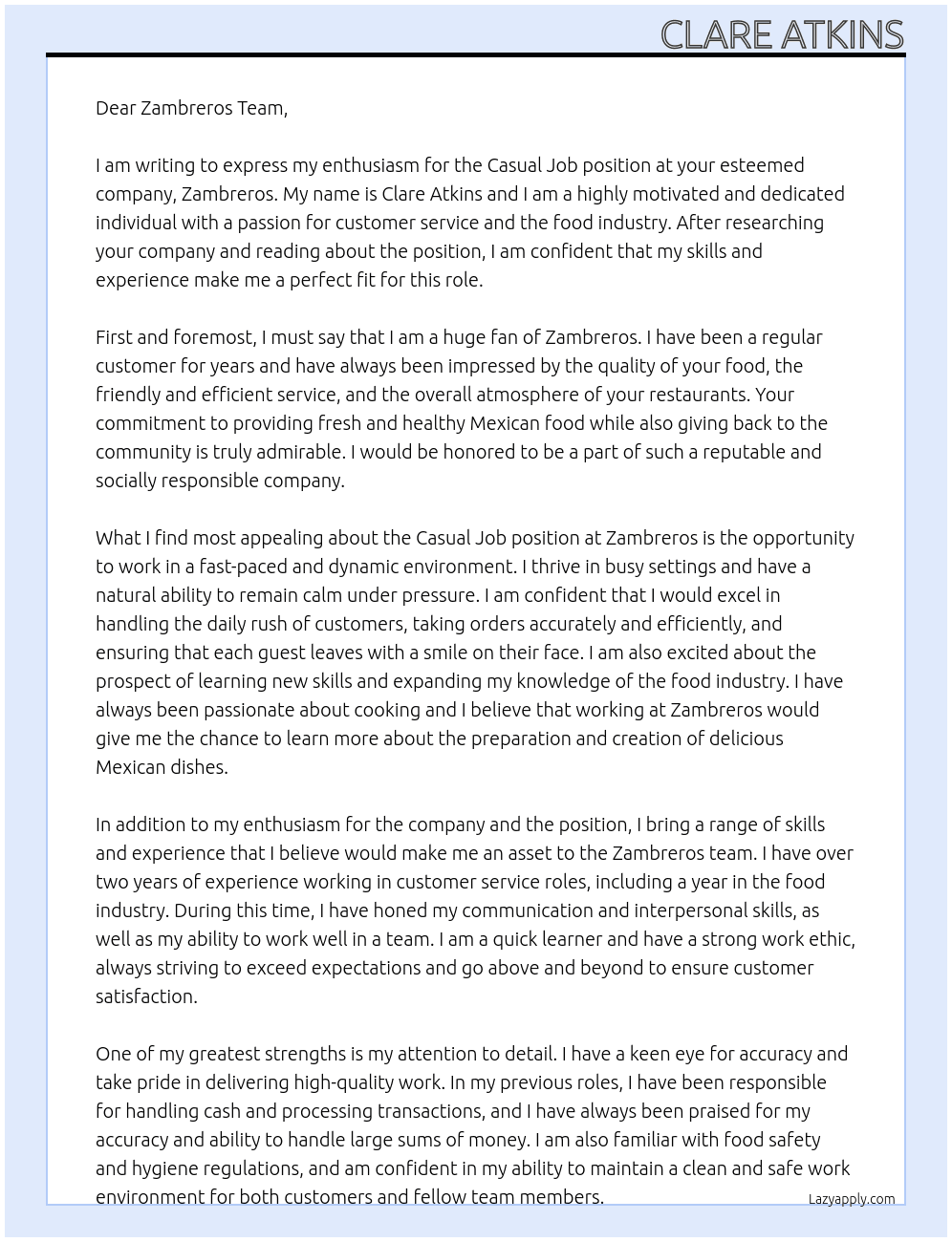 Casual Job At Zambreros Cover Letter