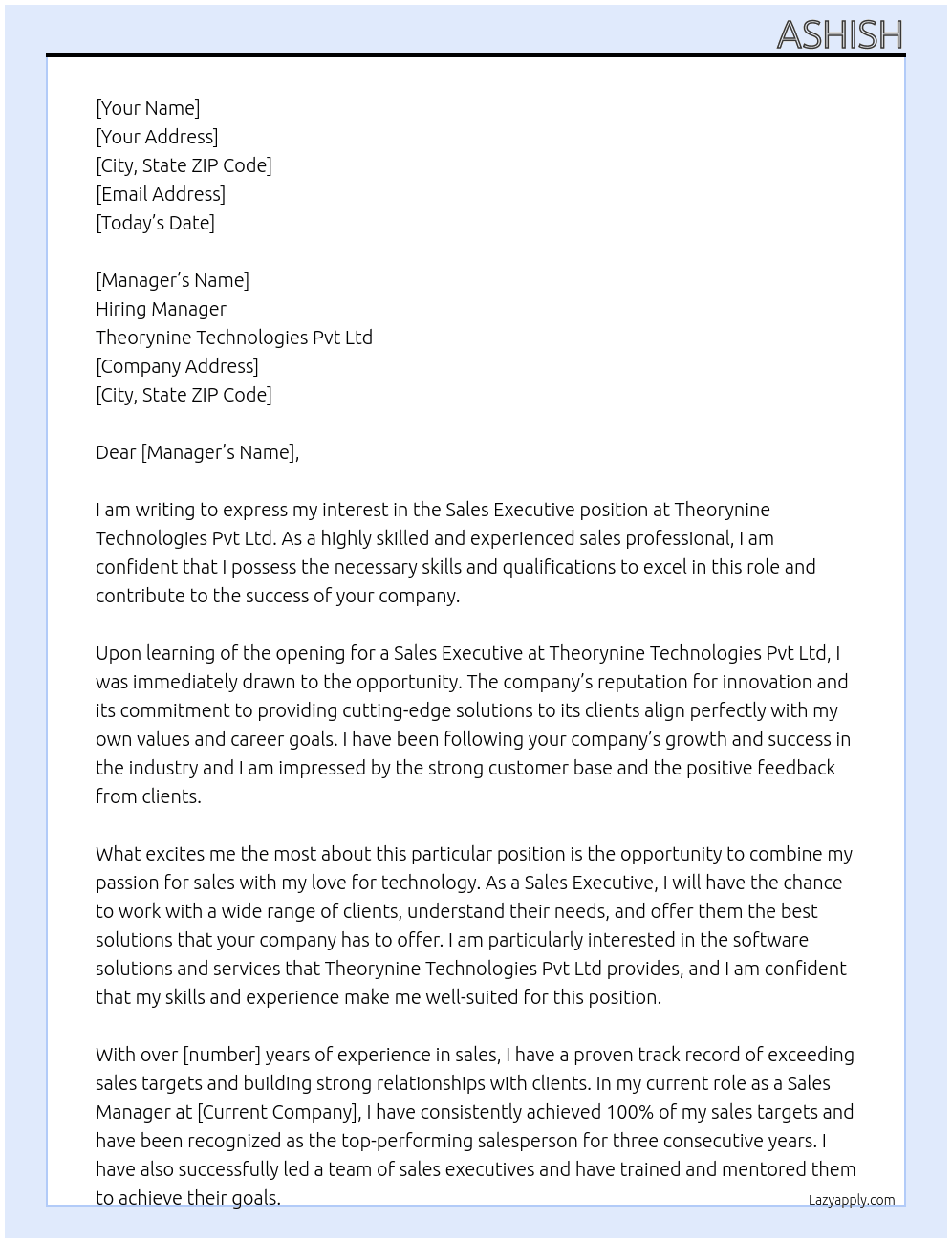 Sales executive At Theorynine Technologies Pvt Ltd Cover Letter