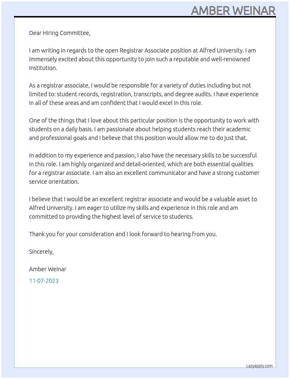 Registrar Associate At Alfred University Cover Letter
