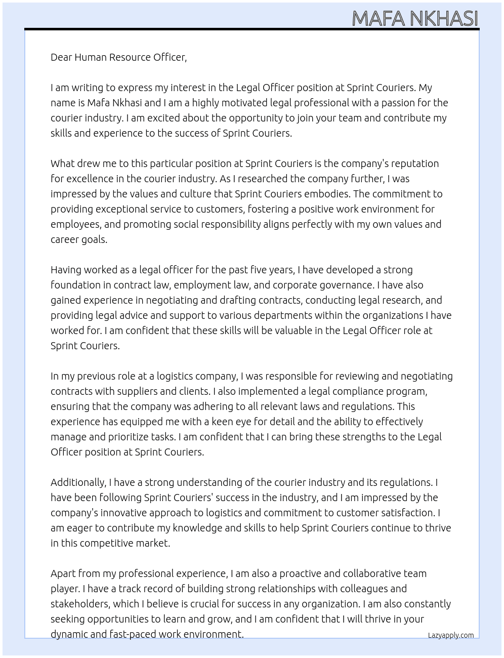 Legal Officer At Sprint Couriers Cover Letter