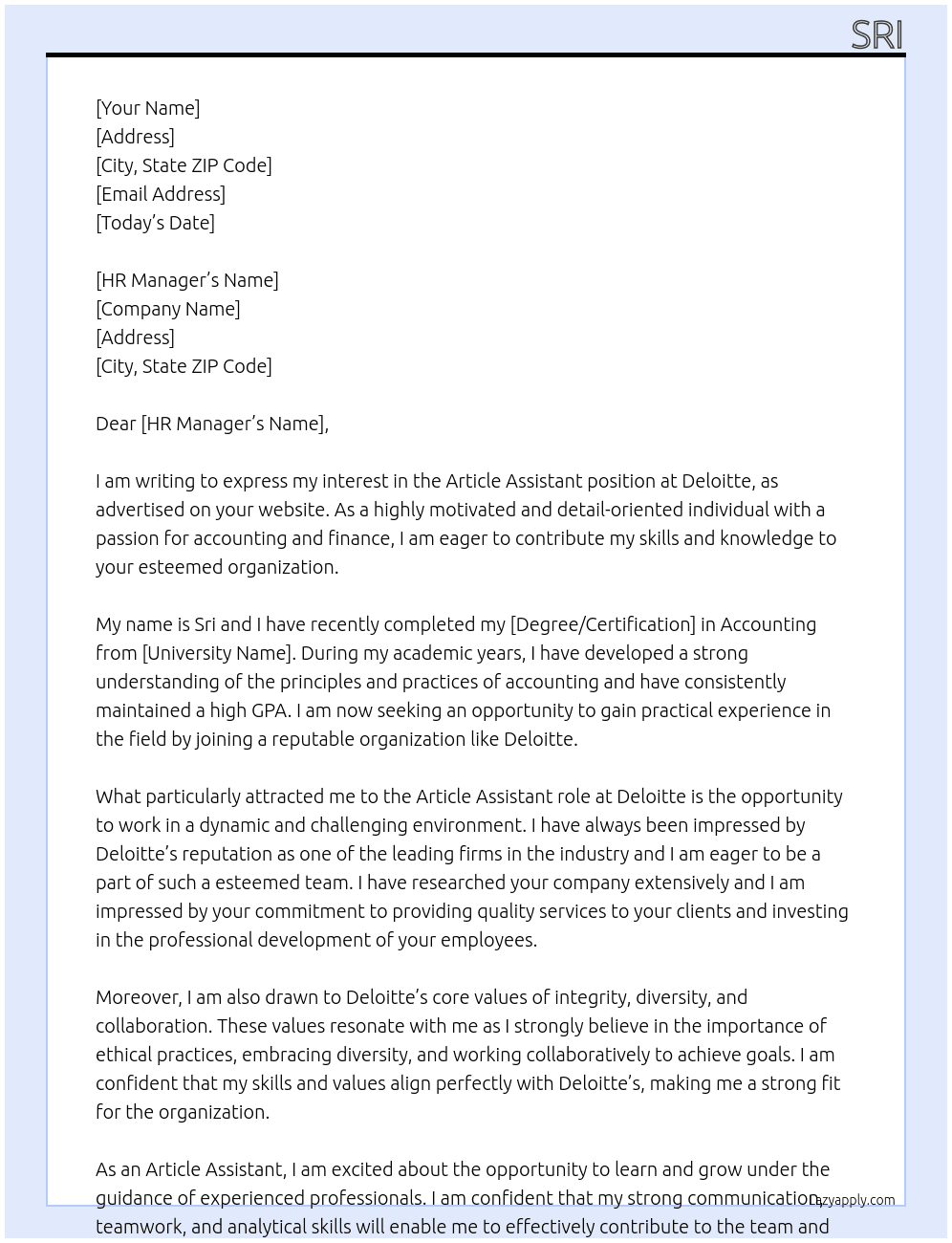 article assistant At deloitte Cover Letter