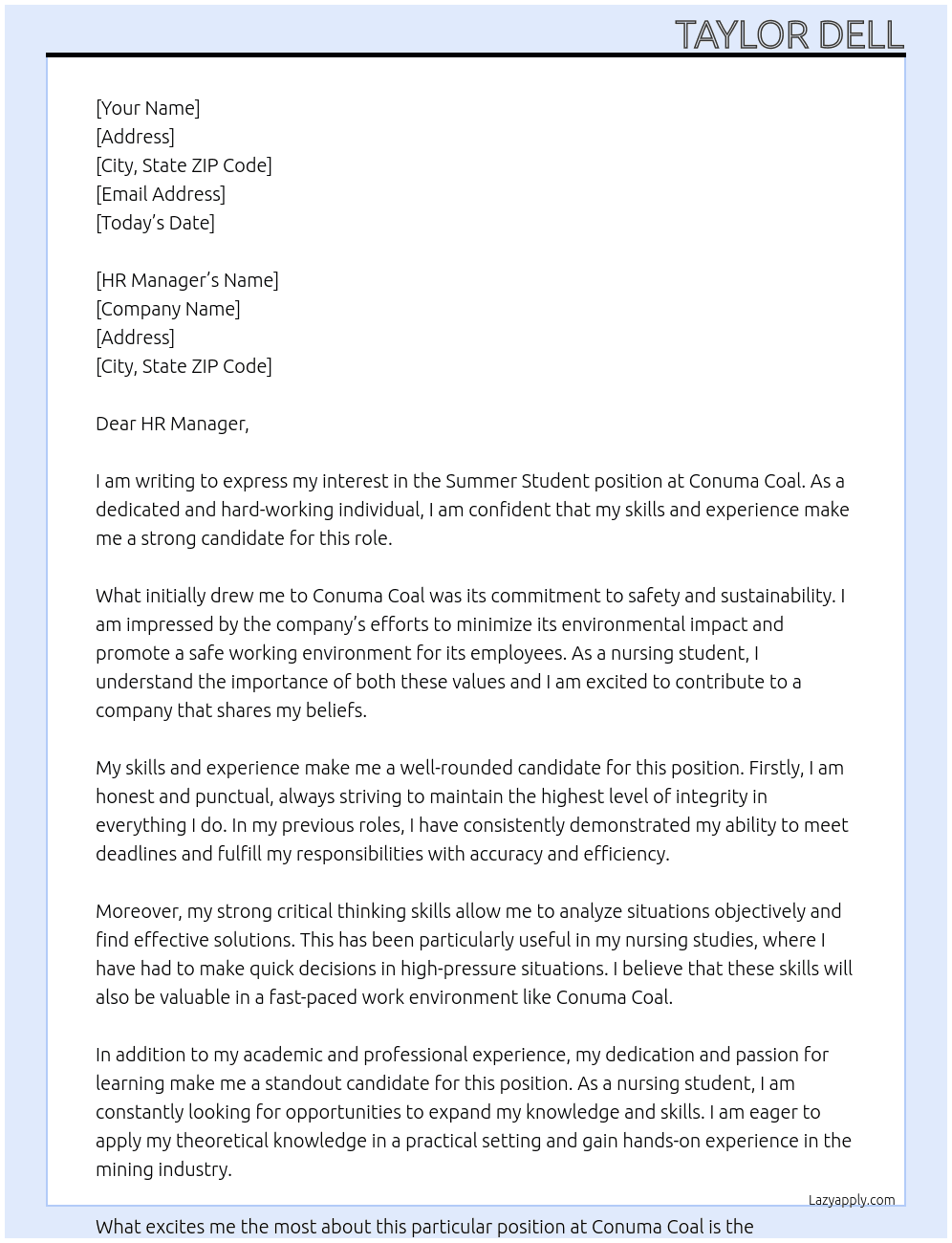 Summer Student At Conuma Coal Cover Letter