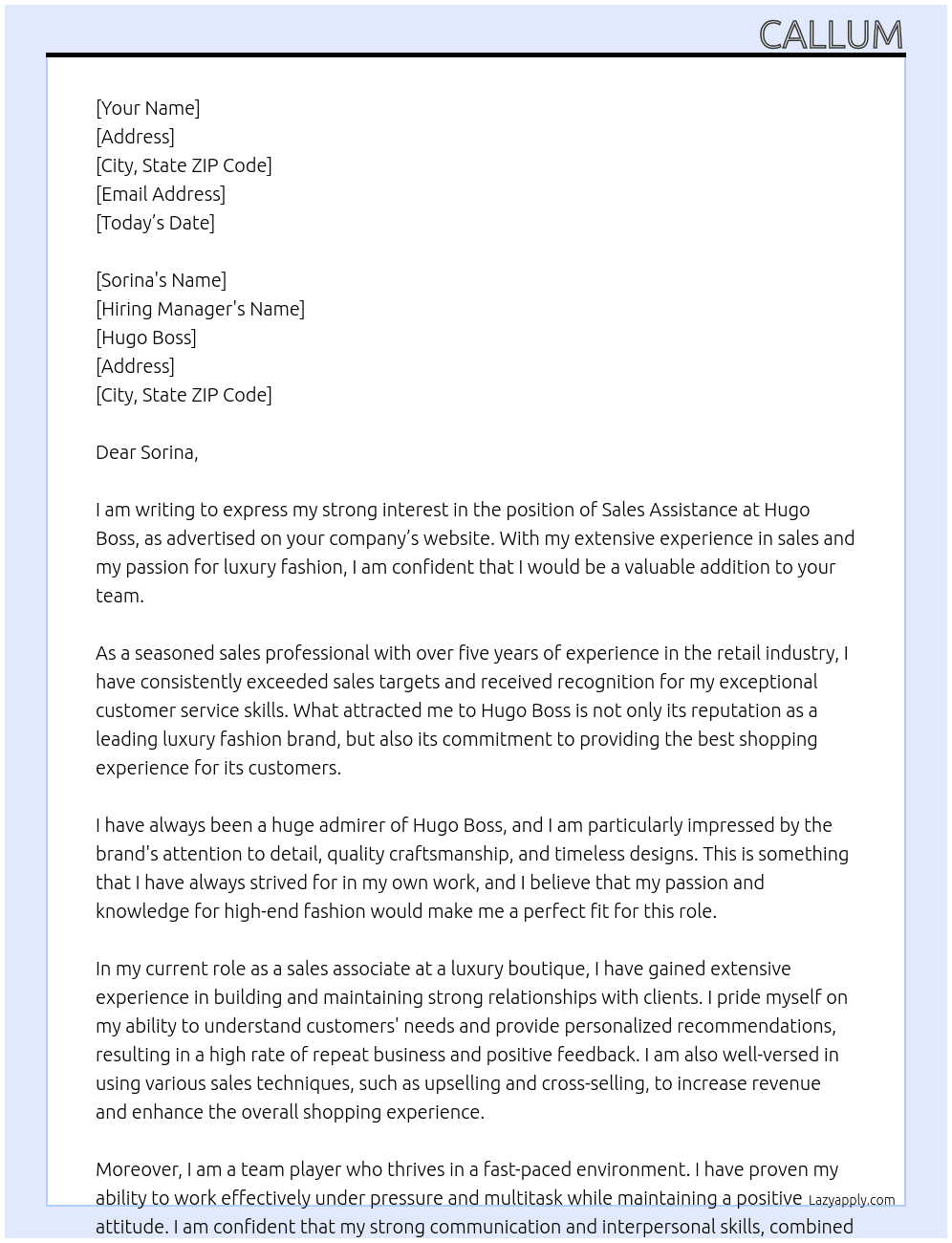 Sales assistance  At Hugo boss Cover Letter