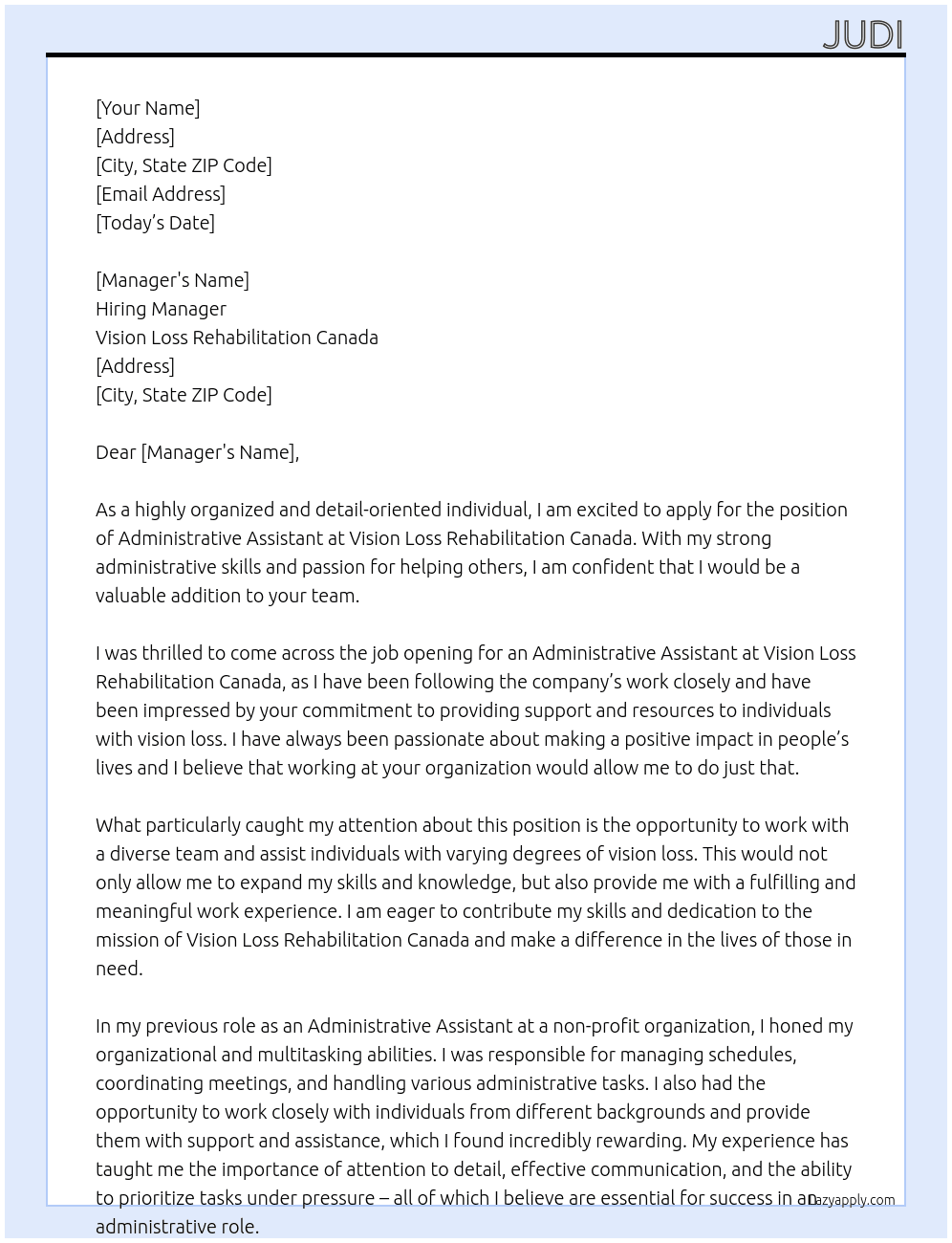 Administrative Assistant At  Vision Loss Rehabilitation Canada Cover Letter