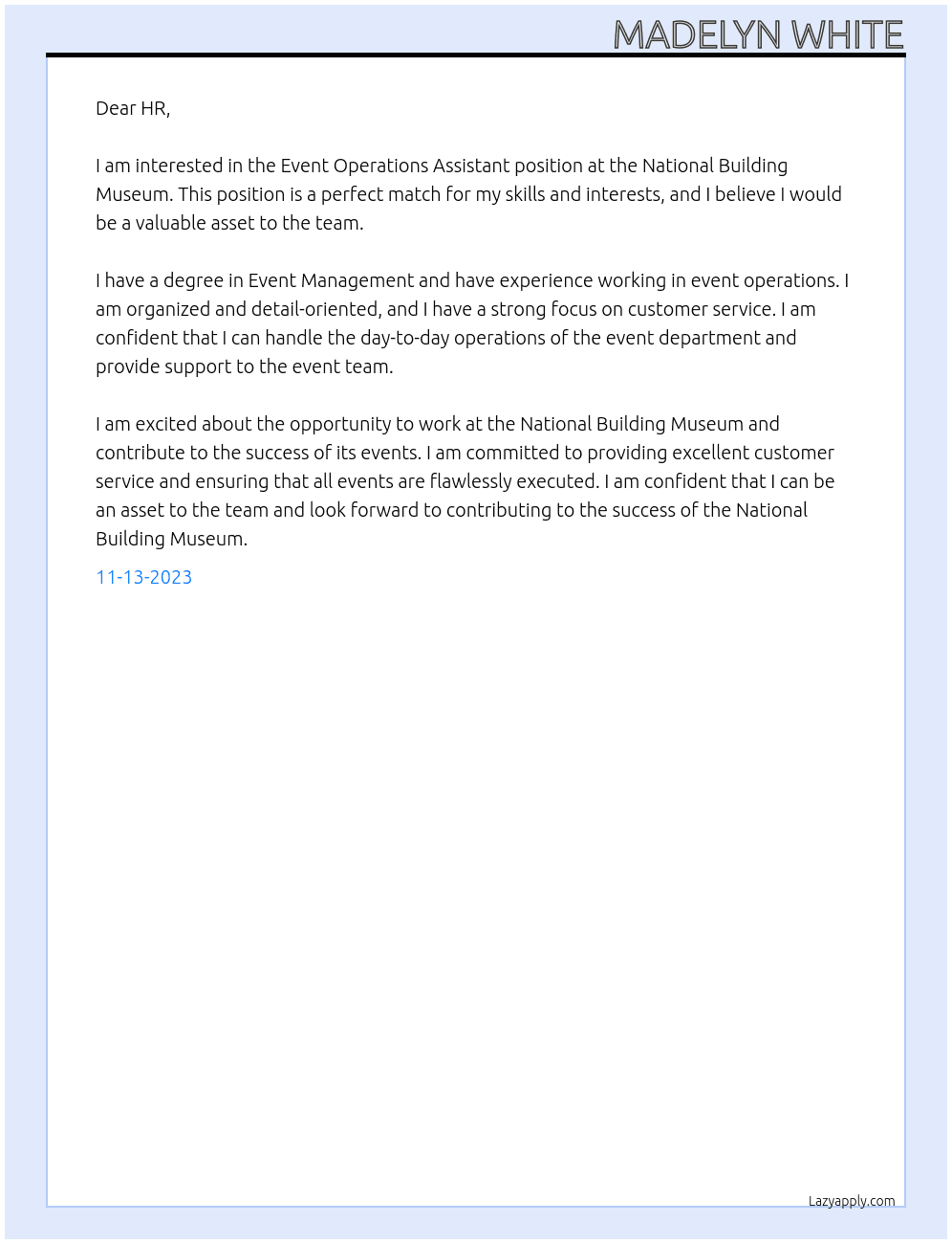 Event Operations Assistant At National Building Museum Cover Letter