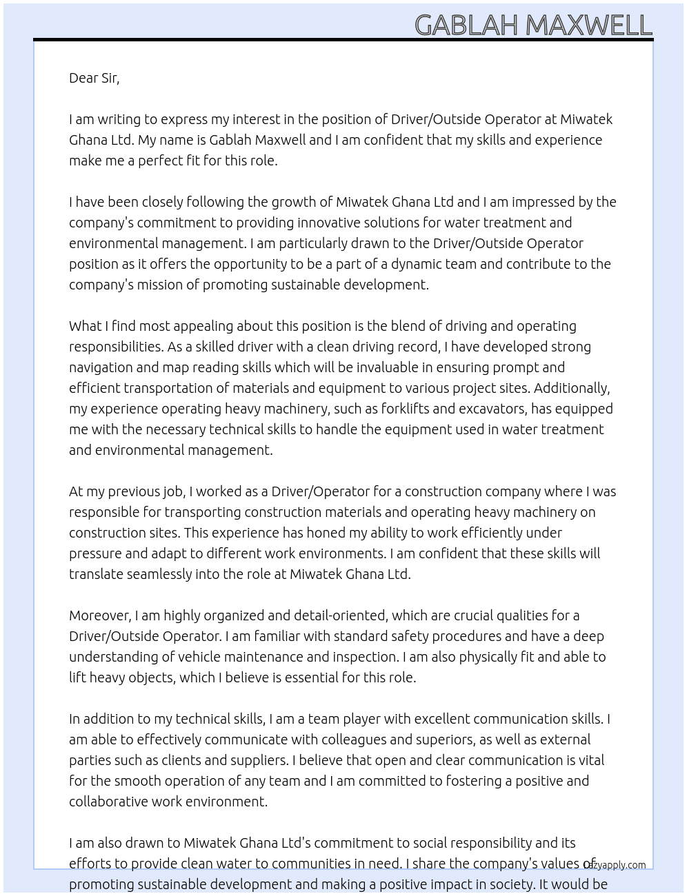 DRIVER/OUTSIDE OPERATOR At MIWATEK GHANA LTD Cover Letter