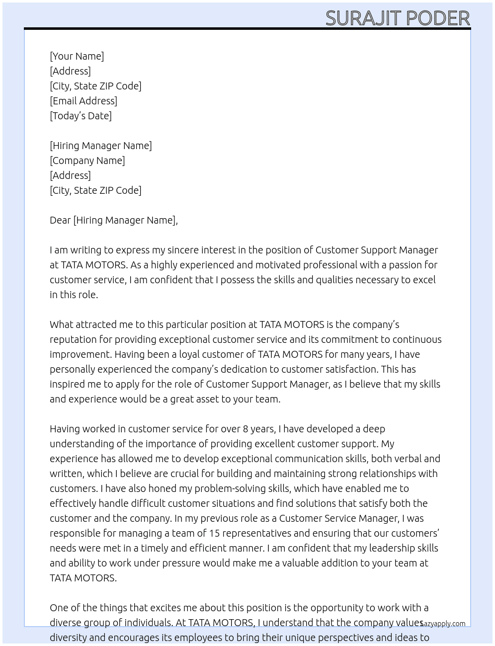 -Customer Support Manager At TATA MOTORS Cover Letter
