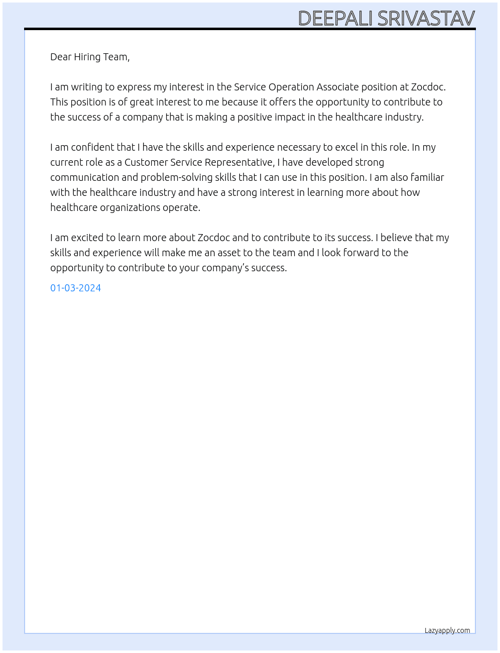 Service operation associate At Zocdoc Cover Letter