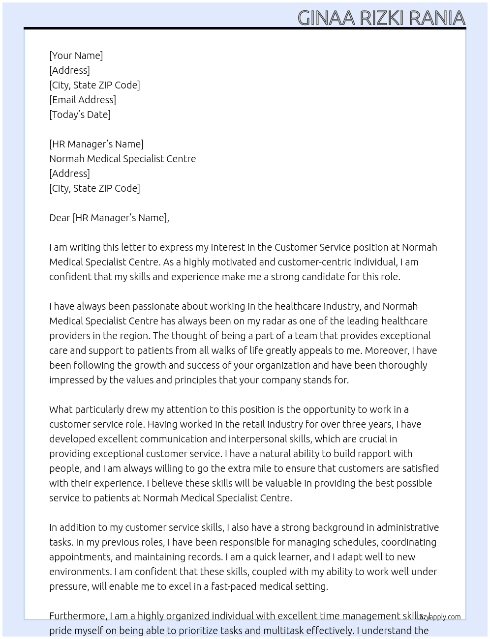 Customer Service At Normah Medical Specialist Centre  Cover Letter