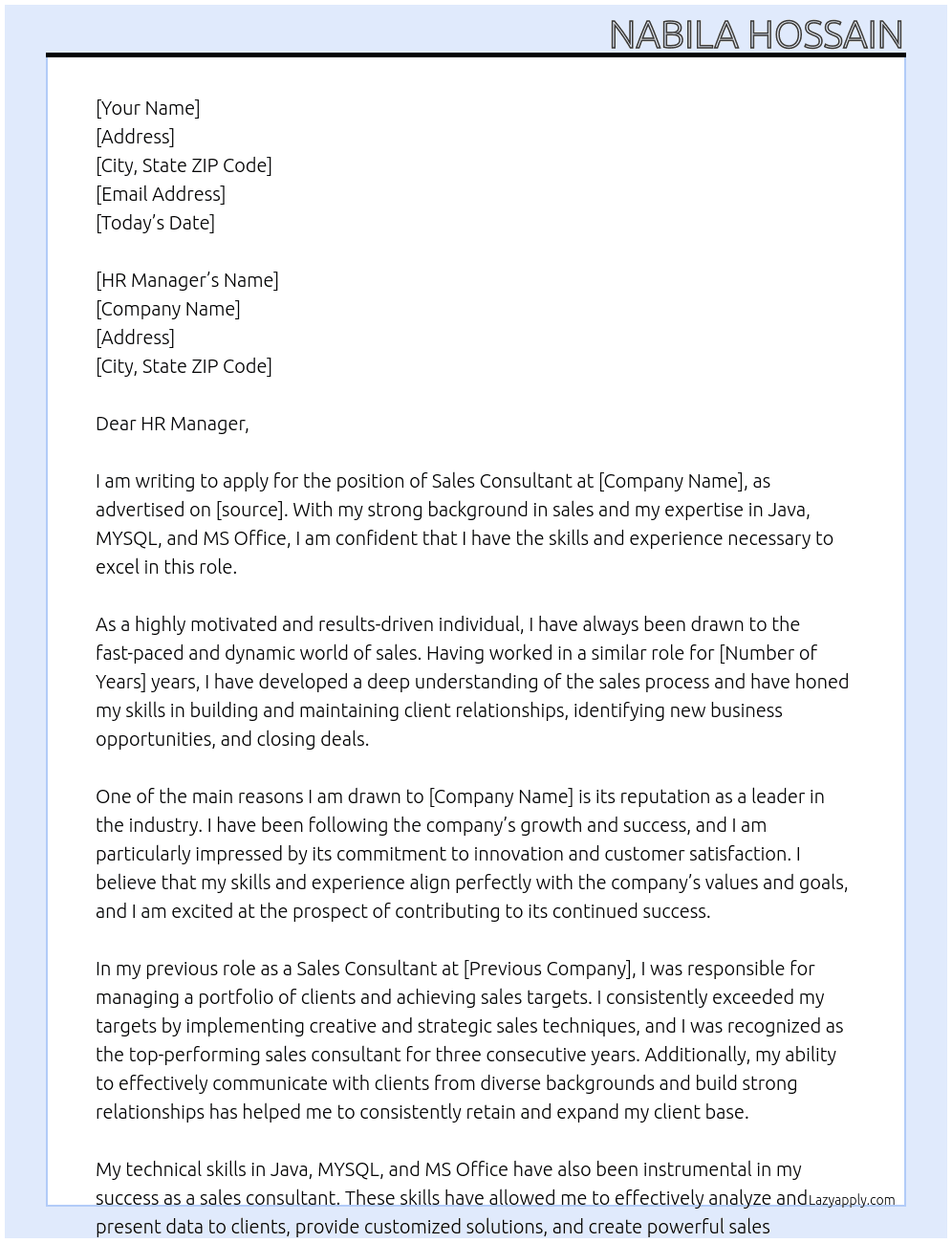 Sales Consultant At Sales Manager Cover Letter