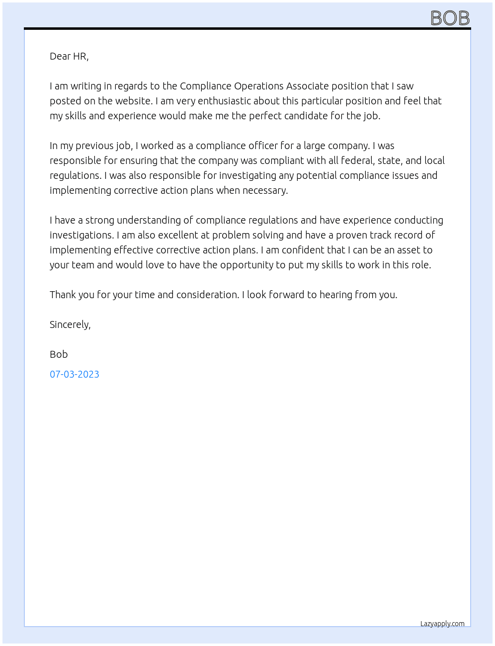 Compliance Operations Associate At bob Cover Letter
