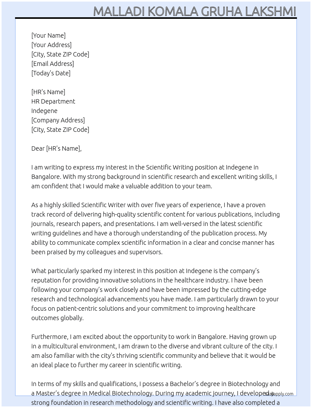 Scientific Writing At Indegene Cover Letter