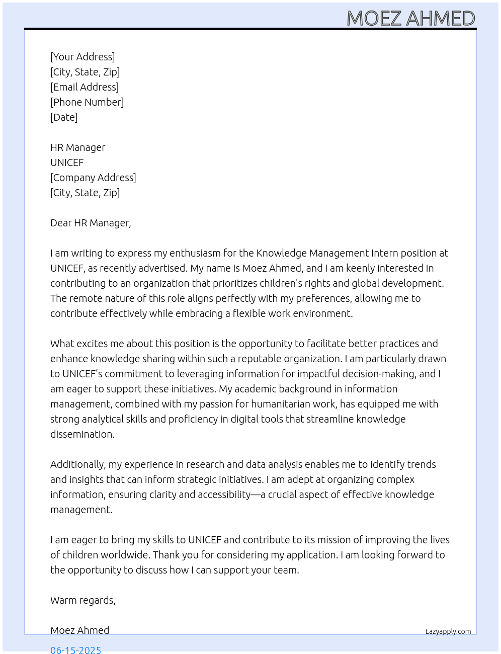 Cover letter for knowledge management intern - LazyApply