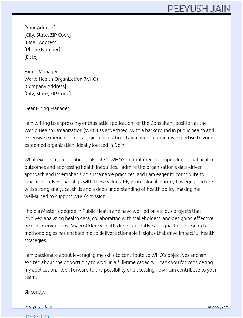 Consultant  At WHO Cover Letter