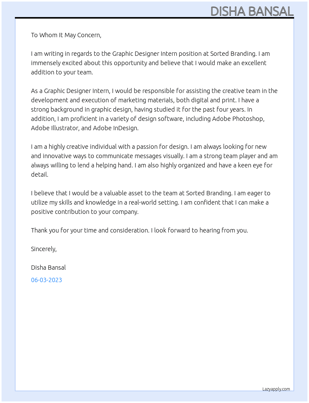 Graphic designer intern  At Sorted branding Cover Letter