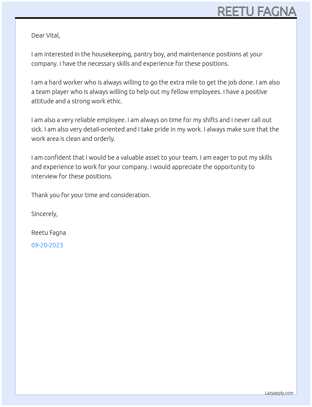 housekeeping, pantry boy, maintenance At vital Cover Letter
