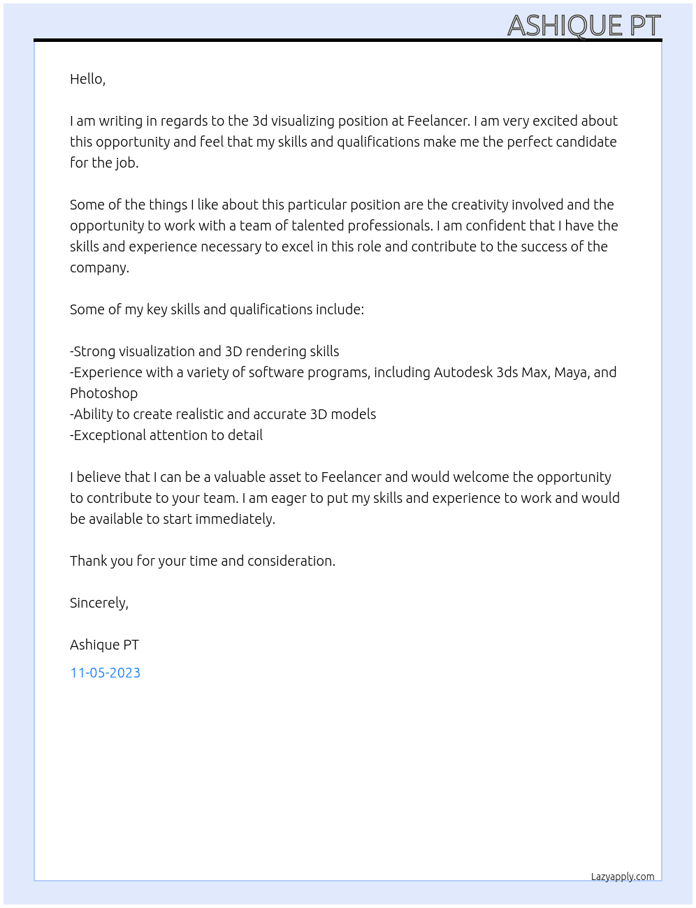 my job is 3d visualizing At feelancer Cover Letter