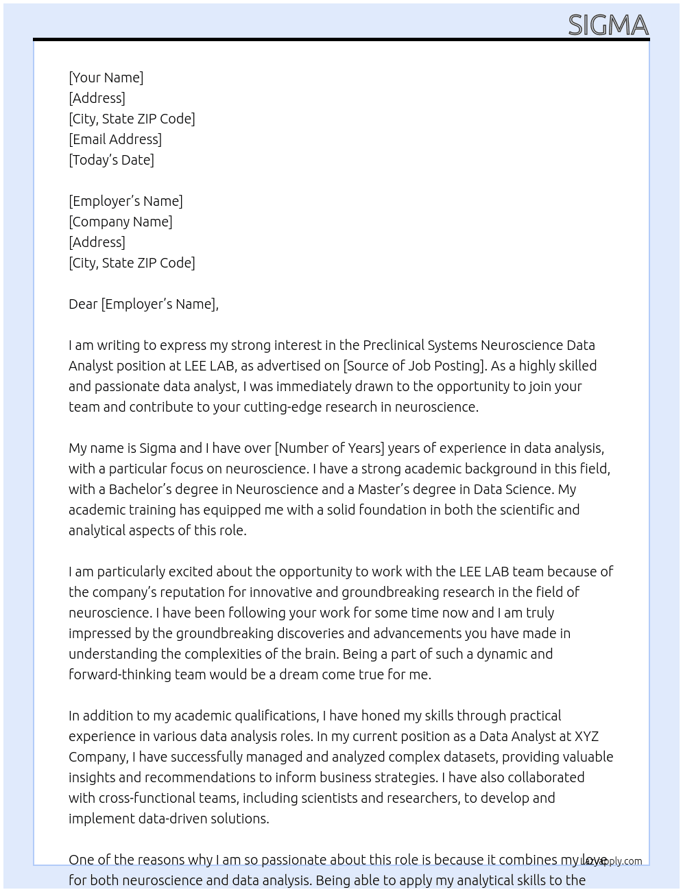 Preclinical systems neuroscience data analyst At LEE LAB Cover Letter