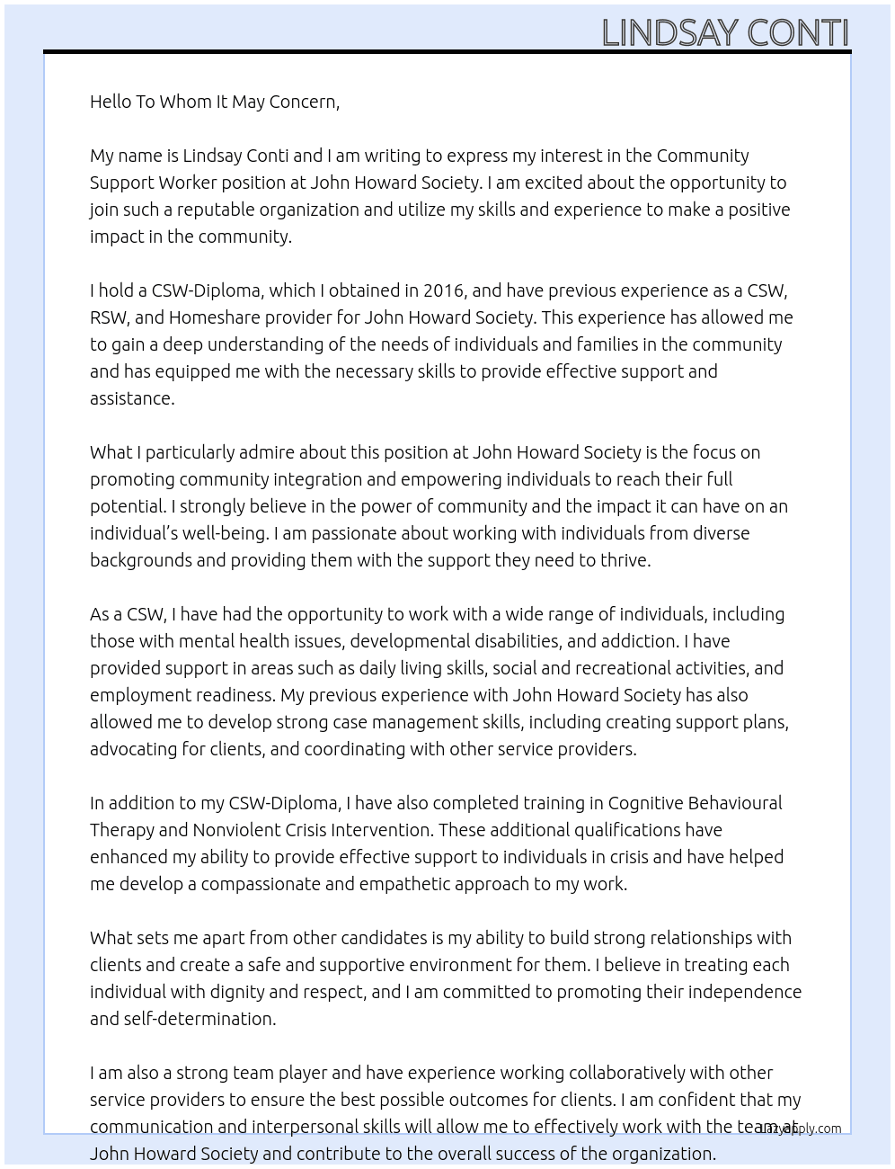 Community Support Worker At John Howard Society Cover Letter