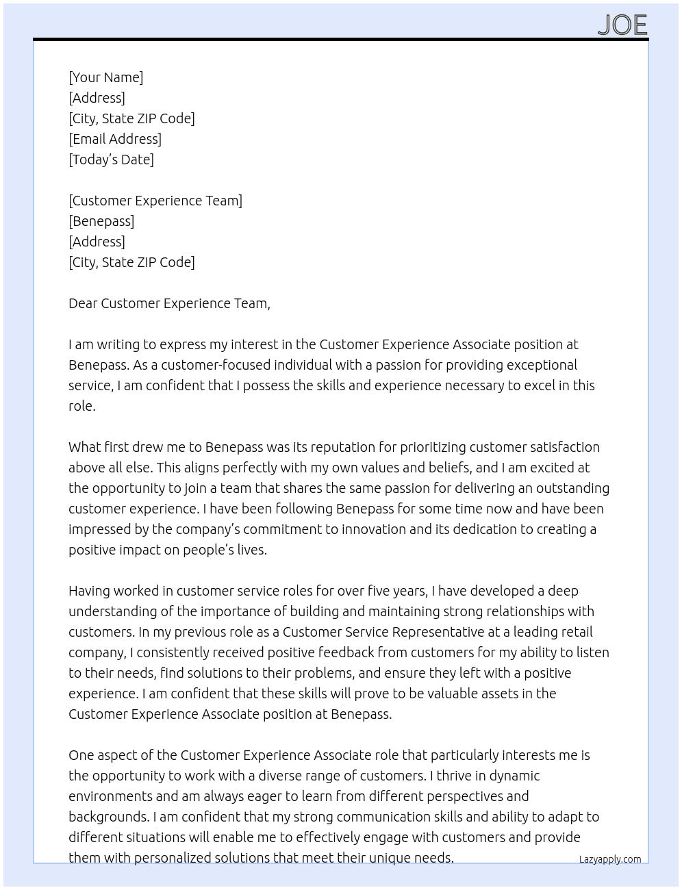 Customer Experience Associate At Benepass Cover Letter