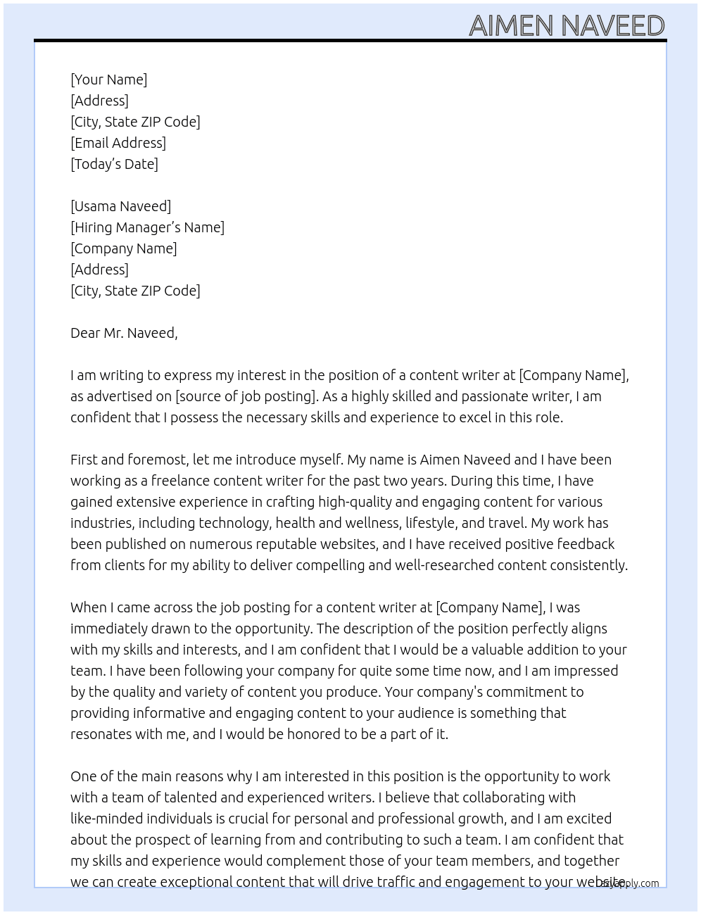 content writer  At content writer  Cover Letter