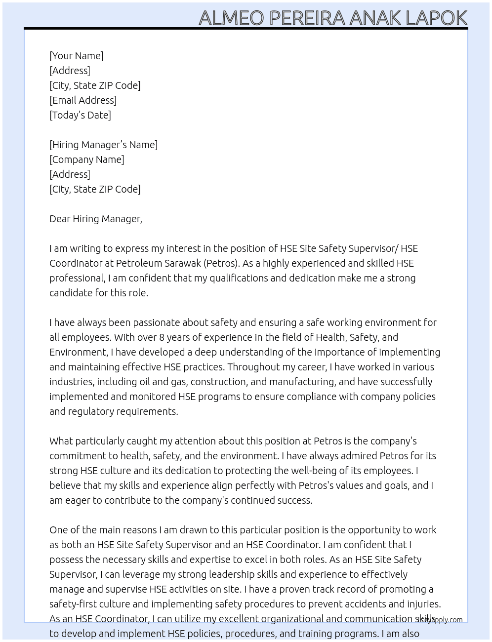 Cover letter for hse site safety supervisor/ hse coordinator - LazyApply